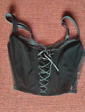 Victoria Secret Black Velvet Lace-Up Bustier Crop Top Small Festival Bridal